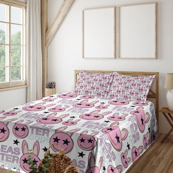 Ambesonne Emoji Fitted & Top Sheet Set with Shams, Happy Bunny Modern Easter, White Soft Pink Black