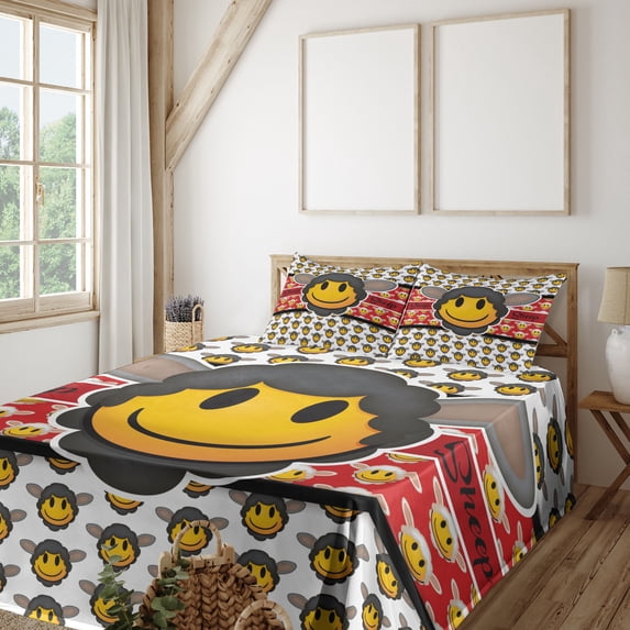 Ambesonne Emoji Fitted & Top Sheet Set with Shams, Happy Sheep Character Print, Red Mustard and Grey