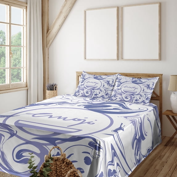 Ambesonne Emoji Fitted & Top Sheet Set with Shams, Marble Print Groovy Waves, Ceil Blue and White