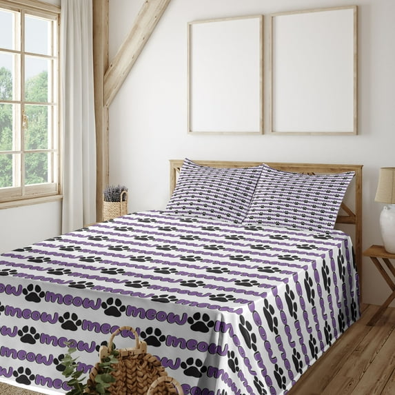 Ambesonne Emoji Fitted & Top Sheet Set with Shams, Meow Writings Paw Pattern, White Violet Black