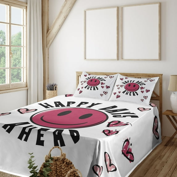 Ambesonne Emoji Fitted & Top Sheet Set with Shams, Modern Dreamy Heart Pattern, White Black Blush