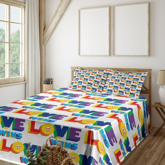 Ambesonne Emoji Fitted & Top Sheet Set with Shams, Modern Love Wins Funny Faces, White and Multicolor