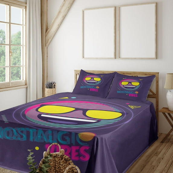 Ambesonne Emoji Fitted & Top Sheet Set with Shams, Nostalgic Letters Funny Face, Quartz Yellow Hot Pink
