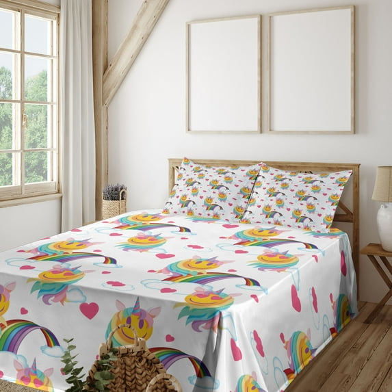 Ambesonne Emoji Fitted & Top Sheet Set with Shams, Pastel Rainbow Unicorn Clouds, White Multicolor