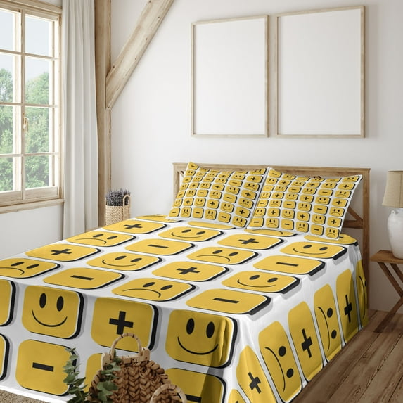 Ambesonne Emoji Fitted & Top Sheet Set with Shams, Pop Sad Happy Faces Squares, Mustard White Black