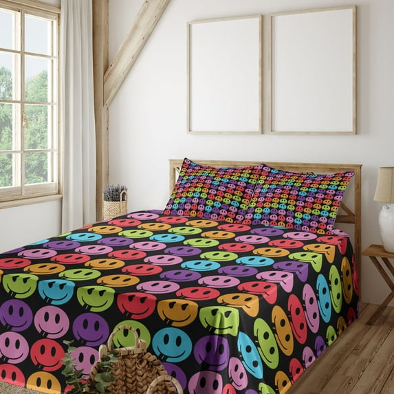 Ambesonne Emoji Fitted & Top Sheet Set with Shams, Retro Happy Faces Trippy Aura, Black Multicolor