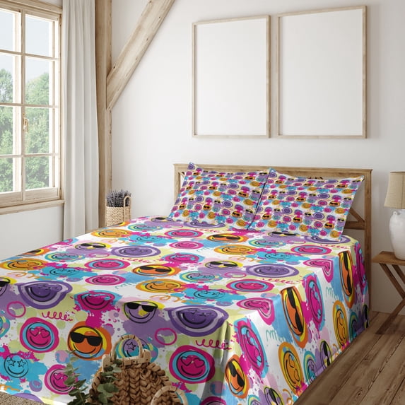 Ambesonne Emoji Fitted & Top Sheet Set with Shams, Starry Heart Eyes Faces Art, White Hot Pink Sky Blue