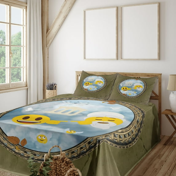 Ambesonne Emoji Fitted & Top Sheet Set with Shams, Touching the Hand of Man Art, Dark Khaki and Blue Grey