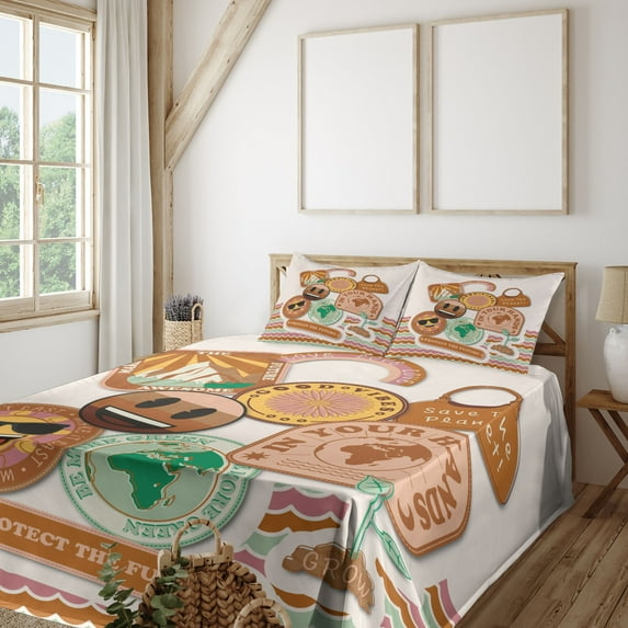 Ambesonne Emoji Fitted & Top Sheet Set with Shams, Travel Protect the Future Art, White Amber Seafoam