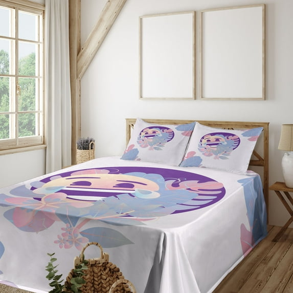 Ambesonne Emoji Fitted & Top Sheet Set with Shams, Tropic Pastel Blooms Leaves, Ceil Blue Blush and Purple