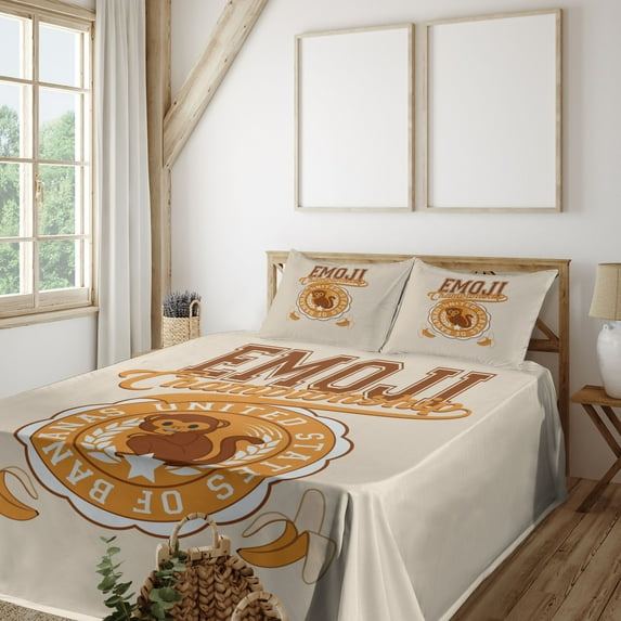 Ambesonne Emoji Fitted & Top Sheet Set with Shams, United States of Bananas Ape, Ivory Chocolate and Apricot