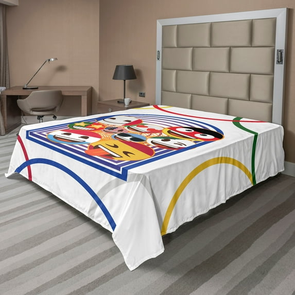 Ambesonne Emoji Flat Sheet, Country Faces Sports Themed, California King, White and Multicolor