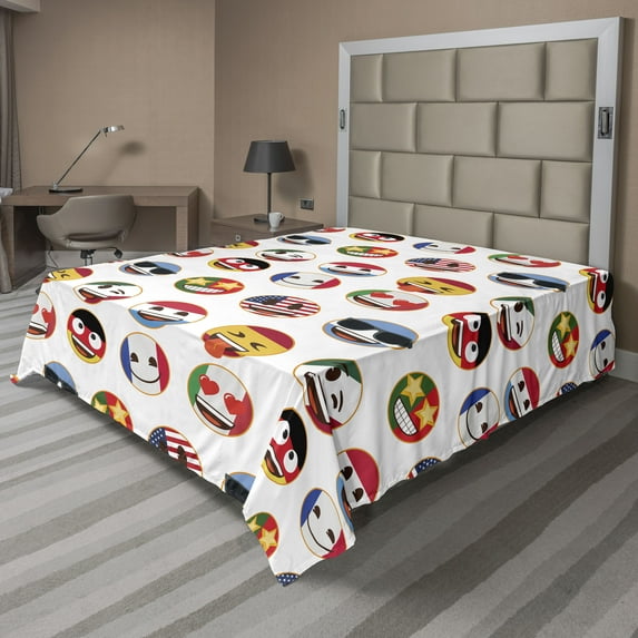 Ambesonne Emoji Flat Sheet, Country Flags Cheery Faces, Full Size, White and Multicolor