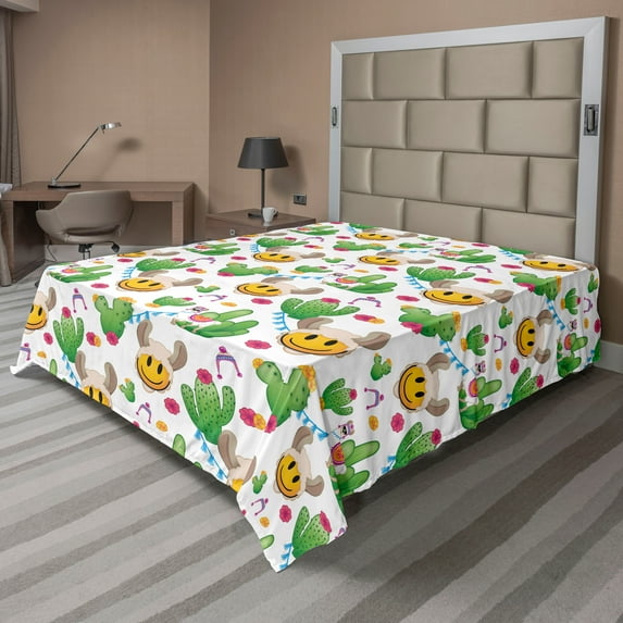 Ambesonne Emoji Flat Sheet, Ethnic Llama Cactus Pattern, Queen Size, Green Pink and Eggshell