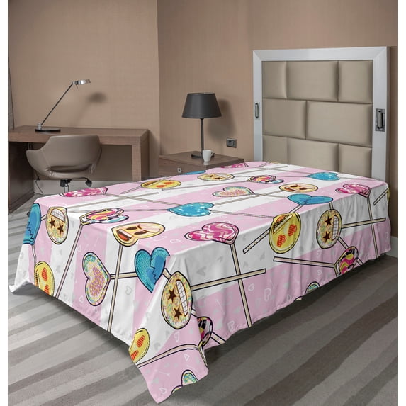 Ambesonne Emoji Flat Sheet, Funny Faces Groovy Hearts, TwinXL Size, Pale Pink Yellow Sea Blue
