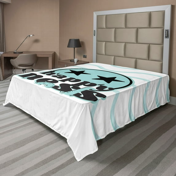 Ambesonne Emoji Flat Sheet, Happy-ness Tentacles Waves, California King, Seafoam White and Black