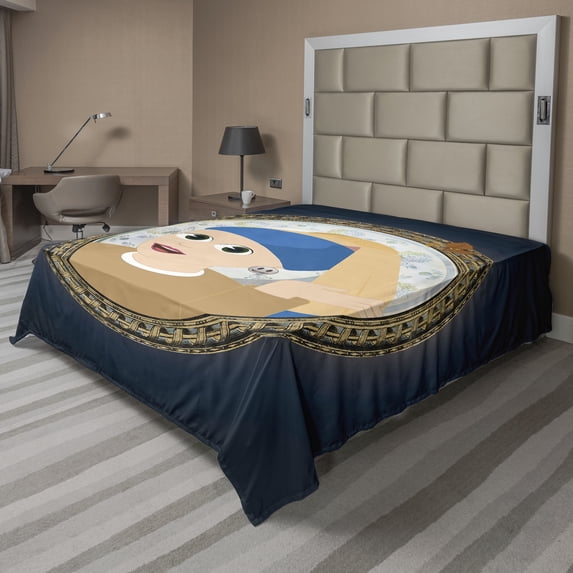 Ambesonne Emoji Flat Sheet, Lady with a Pearl Earring, Queen Size, Dark Indigo White and Peach