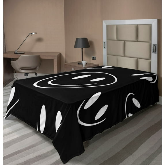 Ambesonne Emoji Flat Sheet, Monochrome Smiling Faces Art, Twin Size, Black White