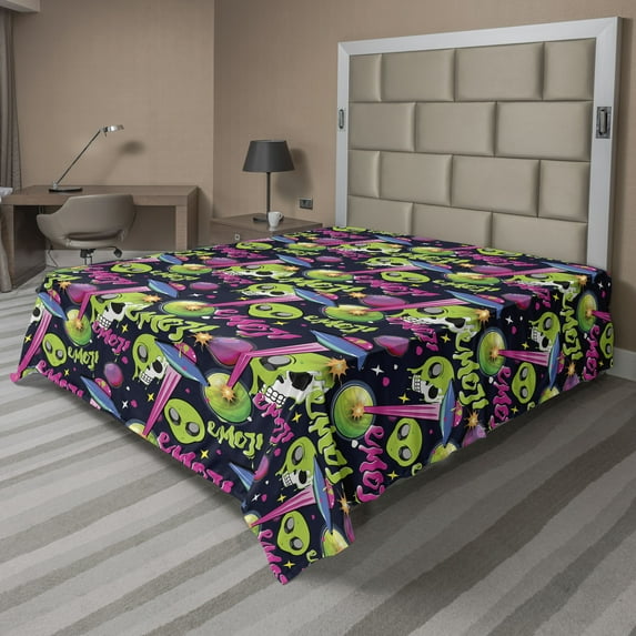 Ambesonne Emoji Flat Sheet, Outer Space Alien Skull Print, King Size, Lime Green and Hot Pink