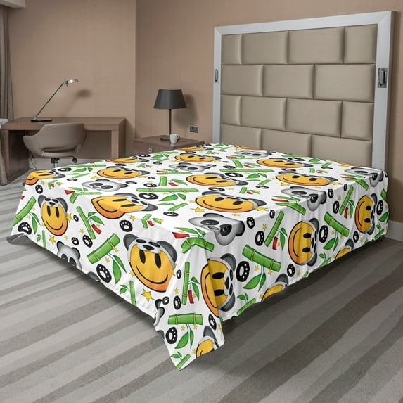 Ambesonne Emoji Flat Sheet, Panda and Exotic Branches, California King, Lime Green Grey Orange