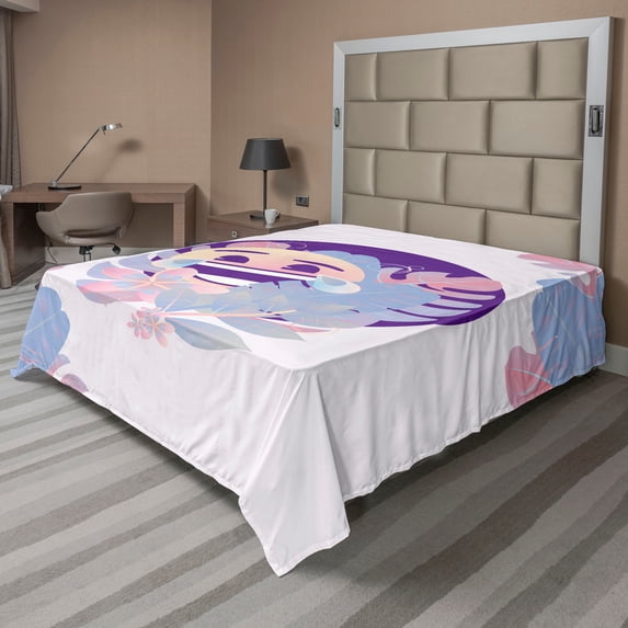 Ambesonne Emoji Flat Sheet, Tropic Pastel Blooms Leaves, Full Size, Ceil Blue Blush and Purple