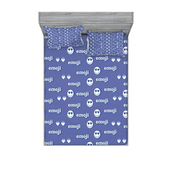 Ambesonne Emoji Funny Fitted Sheet & Pillow Sham Set, Modern Monochrome Smile, Queen, Ceil Blue