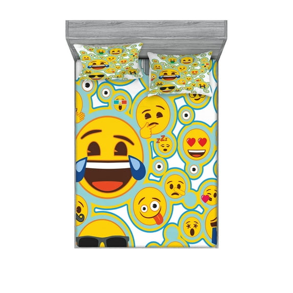 Ambesonne Emoji Funny Fitted Sheet & Pillow Sham Set, Yellow Faces Hearts Art, King, White Pale Blue Mustard