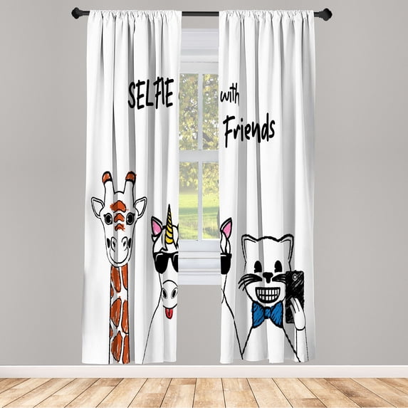 Ambesonne Emoji Party Curtains, Selfie with Friends Art, Pair of 28"x95", Deep Sky Blue White