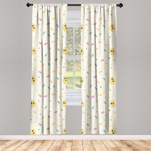 Ambesonne Emoji Party Curtains, Sweets Candies Lolly, Pair of 28"x84", Pale Khaki and Mustard