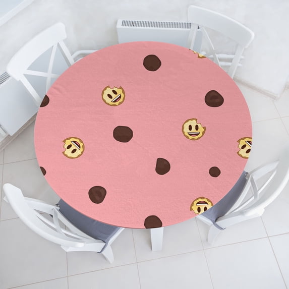 Ambesonne Emoji Party Fitted Round Tablecloth, Chocolate Chip Cookie, 56"- 60" Diameter, Pale Pink Mustard Umber