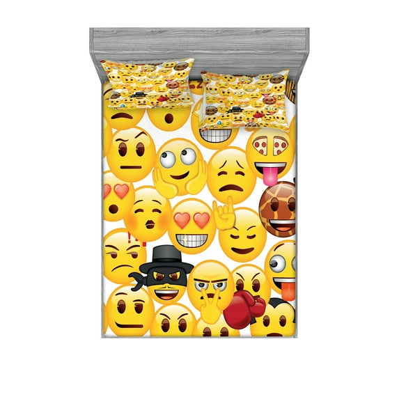 Ambesonne Emoji Party Fitted Sheet & Pillow Sham Set, Funny World Round Faces, King, White Mustard Grey