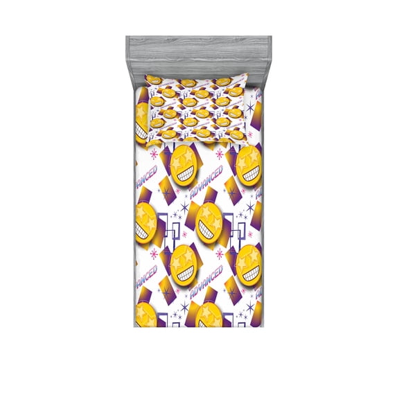 Ambesonne Emoji Party Fitted Sheet & Pillow Sham Set, Retro Wave Starry Eyes, Twin, Mustard White Purple