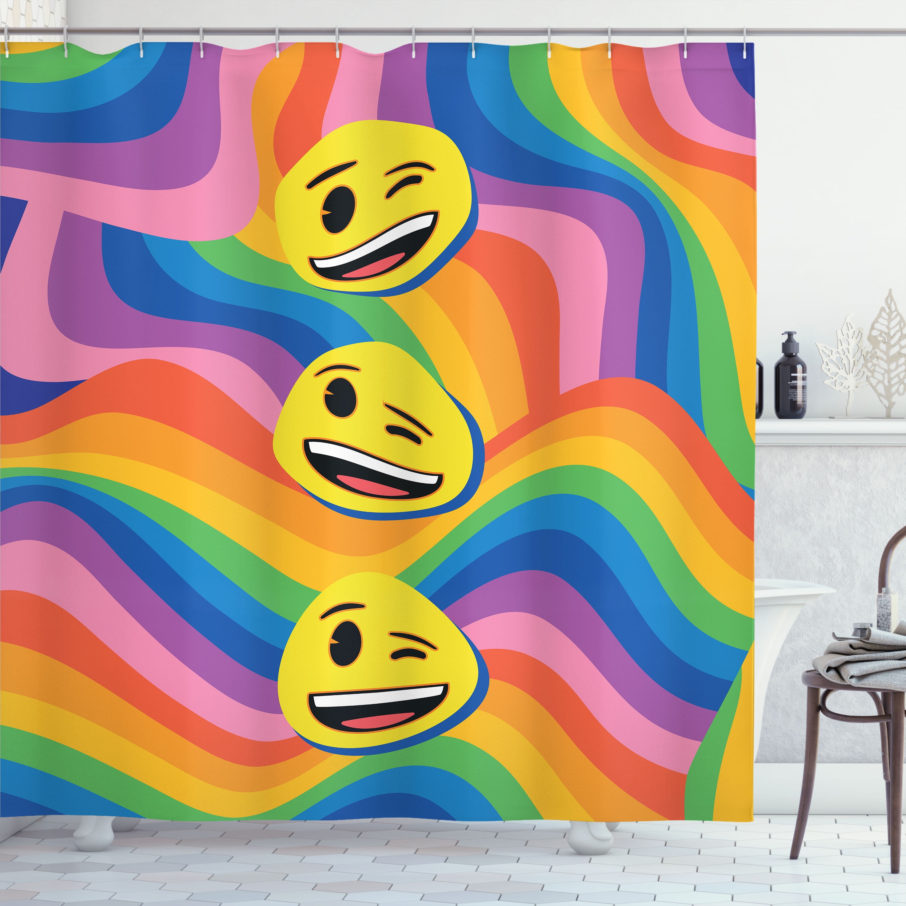 Ambesonne Emoji Party Shower Curtain, Rainbow Funny Faces, 69"Wx84"L