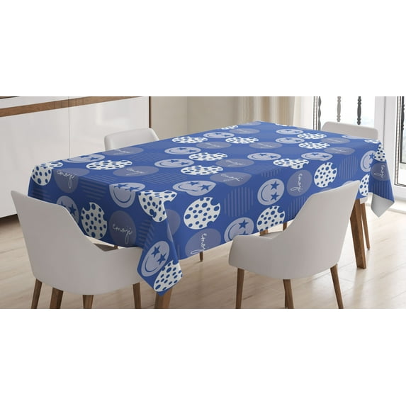 Ambesonne Emoji Party Tablecloth Rectangular Table Cover, Face with Starry Eyes, 60"x90", Dark Ceil Blue White
