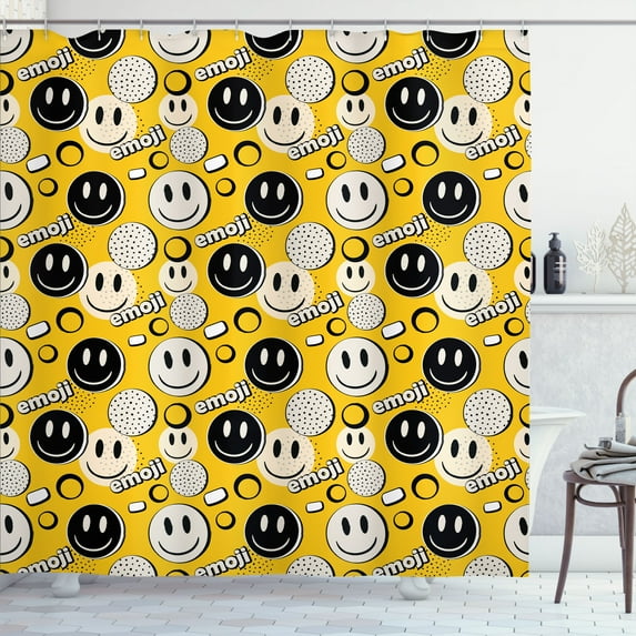 Ambesonne Emoji Shower Curtain, Modern Funny Face Memphis Art, 69"Wx70"L, Mustard Eggshell Black