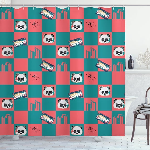 Ambesonne Emoji Shower Curtain, Tough Panda Retro Radio Tape, 69"Wx84"L, Coral and Teal