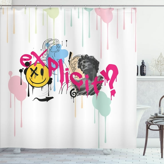 Ambesonne Emoji Shower Curtain, X Eye Smiling Round Face Art, 69"Wx75"L, White Hot Pink Mustard