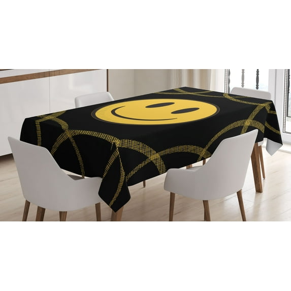 Ambesonne Emoji Tablecloth Rectangular Table Cover, Classic Smiling Face Grids, 52"x70", Black Mustard
