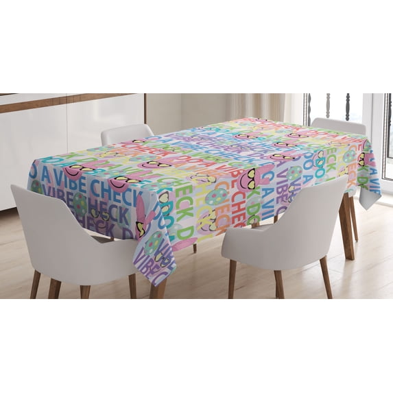 Ambesonne Emoji Tablecloth Rectangular Table Cover, Do a Vibe Check Saying Bunny, 60"x90", Pale Pink and Multicolor