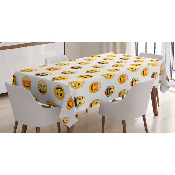 Ambesonne Emoji Tablecloth Rectangular Table Cover, Funny Faces Happy Surprised, 60"x90", White and Yellow
