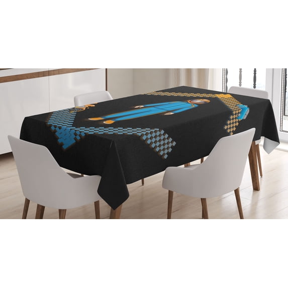 Ambesonne Emoji Tablecloth Rectangular Table Cover, Funny Racer Character Cars, 60"x90", Dark Grey Orange and Blue