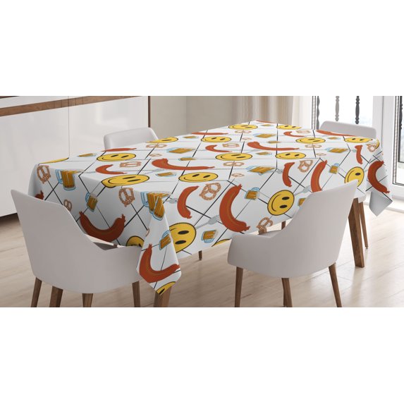 Ambesonne Emoji Tablecloth Rectangular Table Cover, Grid Back German Funny Faces, 52"x70", White Mustard Dark Salmon