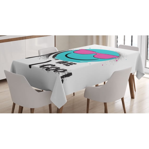 Ambesonne Emoji Tablecloth Rectangular Table Cover, Grunge Splash Be Cool Wording, 60"x90", Seafoam Pink and Dark Grey