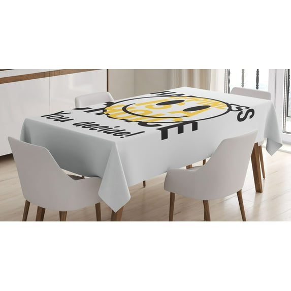 Ambesonne Emoji Tablecloth Rectangular Table Cover, Happiness is a Choice Motif, 52"x70", White Black Mustard