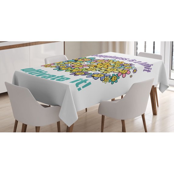 Ambesonne Emoji Tablecloth Rectangular Table Cover, Hippie Floral Faces Saying, 52"x70", Lavender Seafoam Mustard