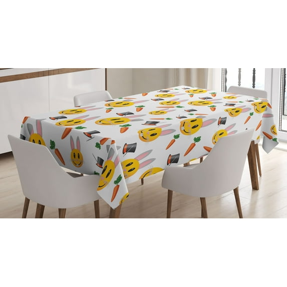 Ambesonne Emoji Tablecloth Rectangular Table Cover, Magician Hat and Funny Bunny, 60"x90", Orange Mustard and Rose