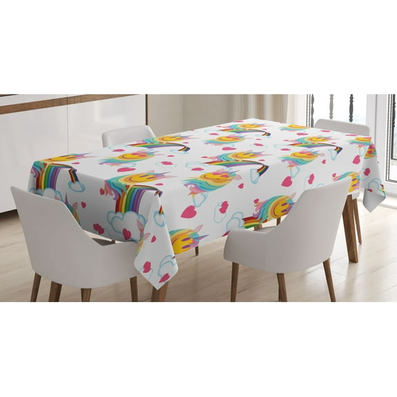 Ambesonne Emoji Tablecloth Rectangular Table Cover, Pastel Rainbow Unicorn Clouds, 60"x90", White Multicolor