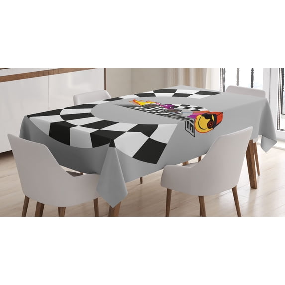 Ambesonne Emoji Tablecloth Rectangular Table Cover, Racing Funny Face Formula, 52"x70", Pale Grey Mustard Black