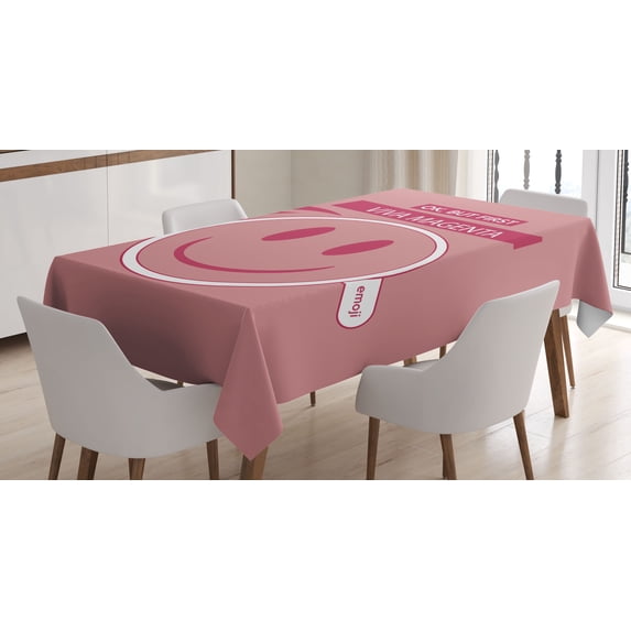 Ambesonne Emoji Tablecloth Rectangular Table Cover, Simple Saying and Funny Face, 60"x84", Pastel Pink White
