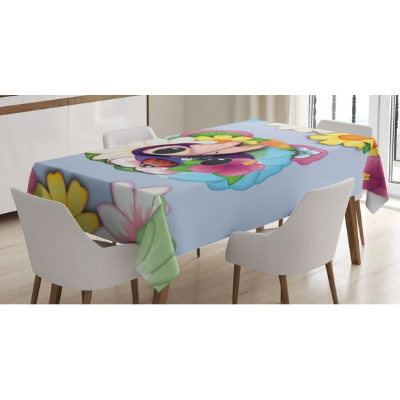 Ambesonne Emoji Tablecloth Rectangular Table Cover, Spring Flower Character Bloom, 52"x70", Pale Ceil Blue Multicolor